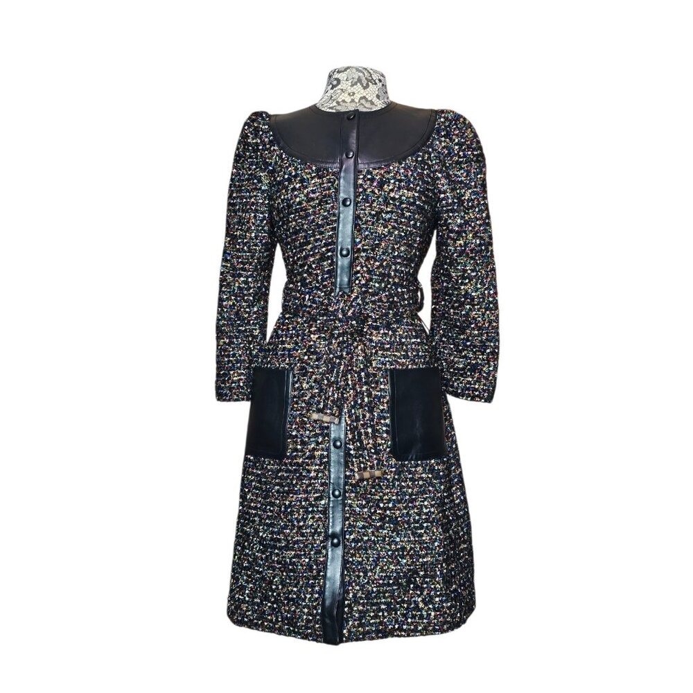 LOUIS VUITTON Tweed Leather Jacket Coat Belted Black Multicolor LV Long 40 Small
